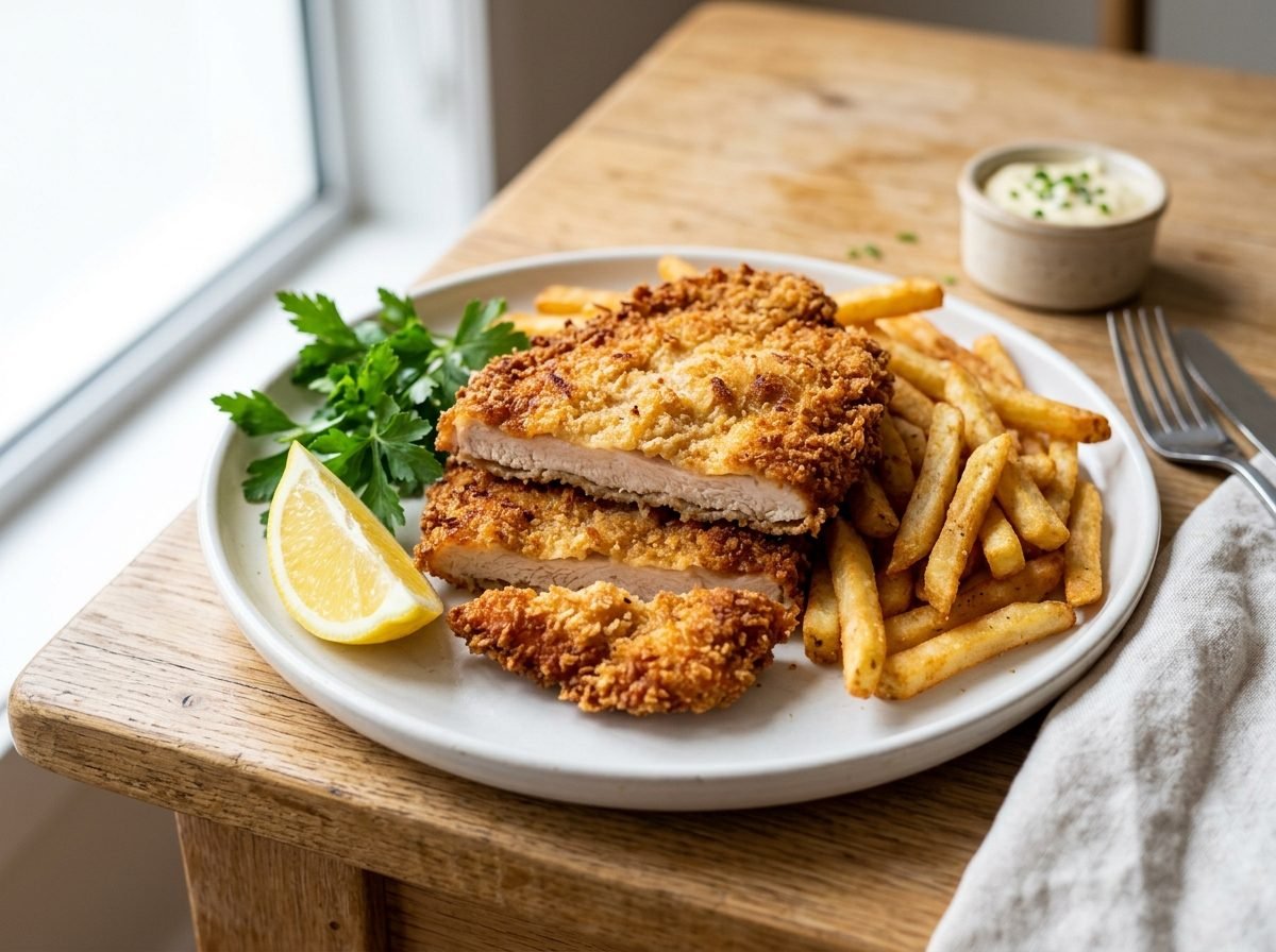 Hand-crumbed chicken schnitzel plated with golden fries