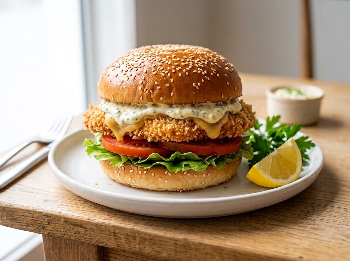 Crumbed chicken schnitzel burger