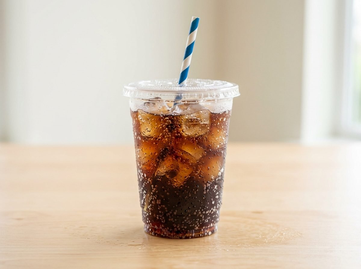 Cold soft drink in a cup with a straw